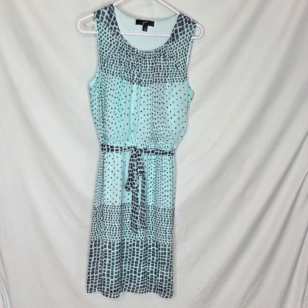 Sz 8 - Minty turquoise dress w/charcoal square pattern, sleeveless, tie @ waist,
